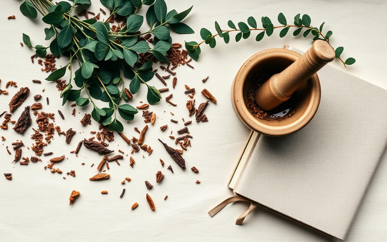 Dried herbs, mortar and pestle, and a linen journal on cream paper